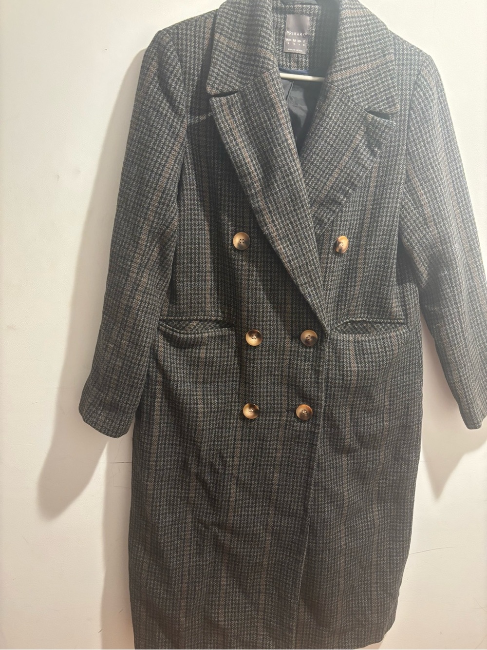 Primark Gray and Black Plaid Double-Breasted Pea Coat